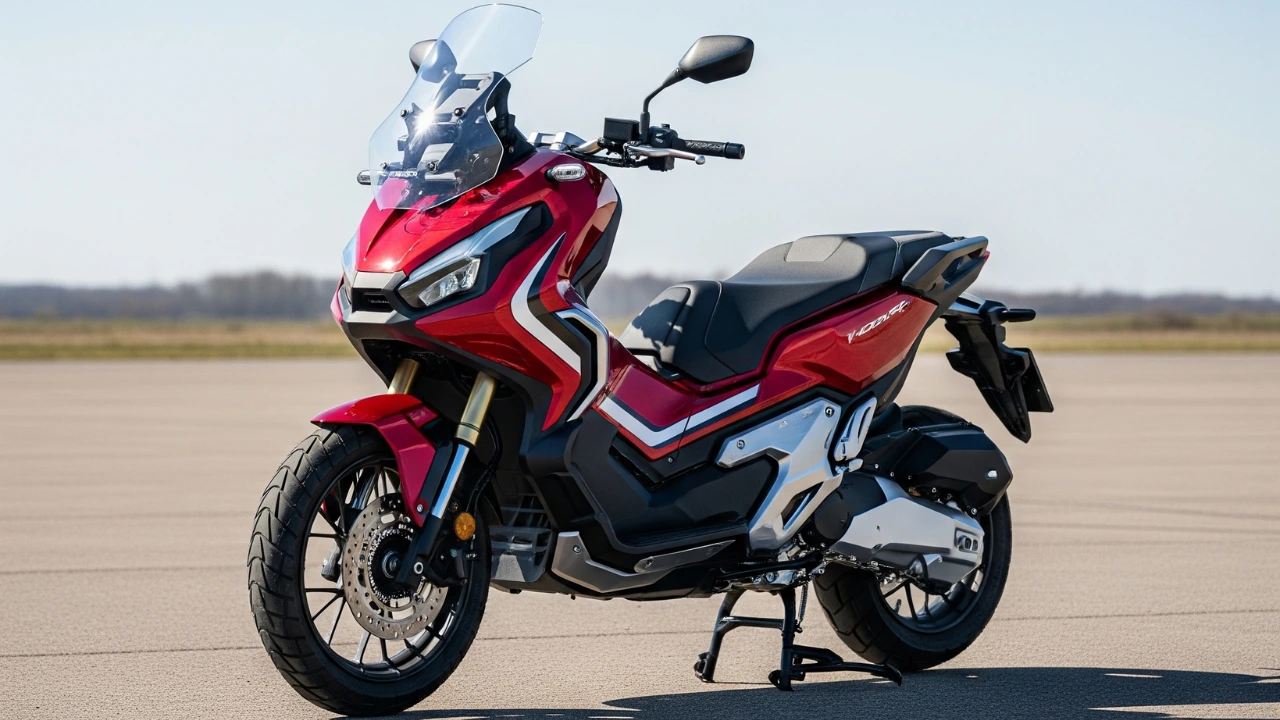 2025 Honda ADV 350 adventure scooter in Moscato Red Metallic, parked outdoors under a clear blue sky, highlighting its rugged design and premium features.