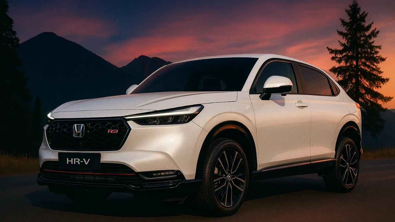 Front three-quarter view of the 2025 Honda HR-V facelift in white with sunset backdrop
