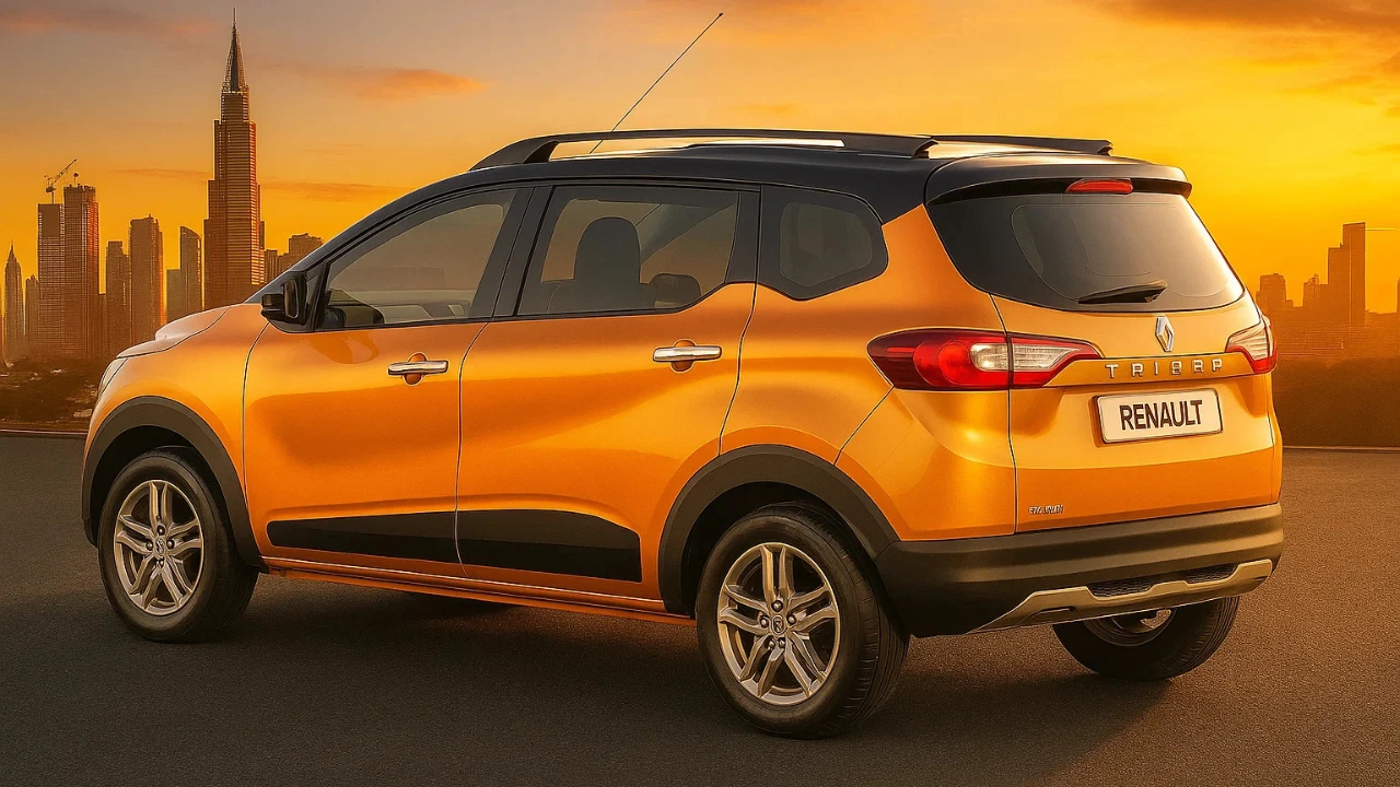 Rear-side view of the 2025 Renault Triber Facelift in orange at sunset ahead of its India launch on July 23.