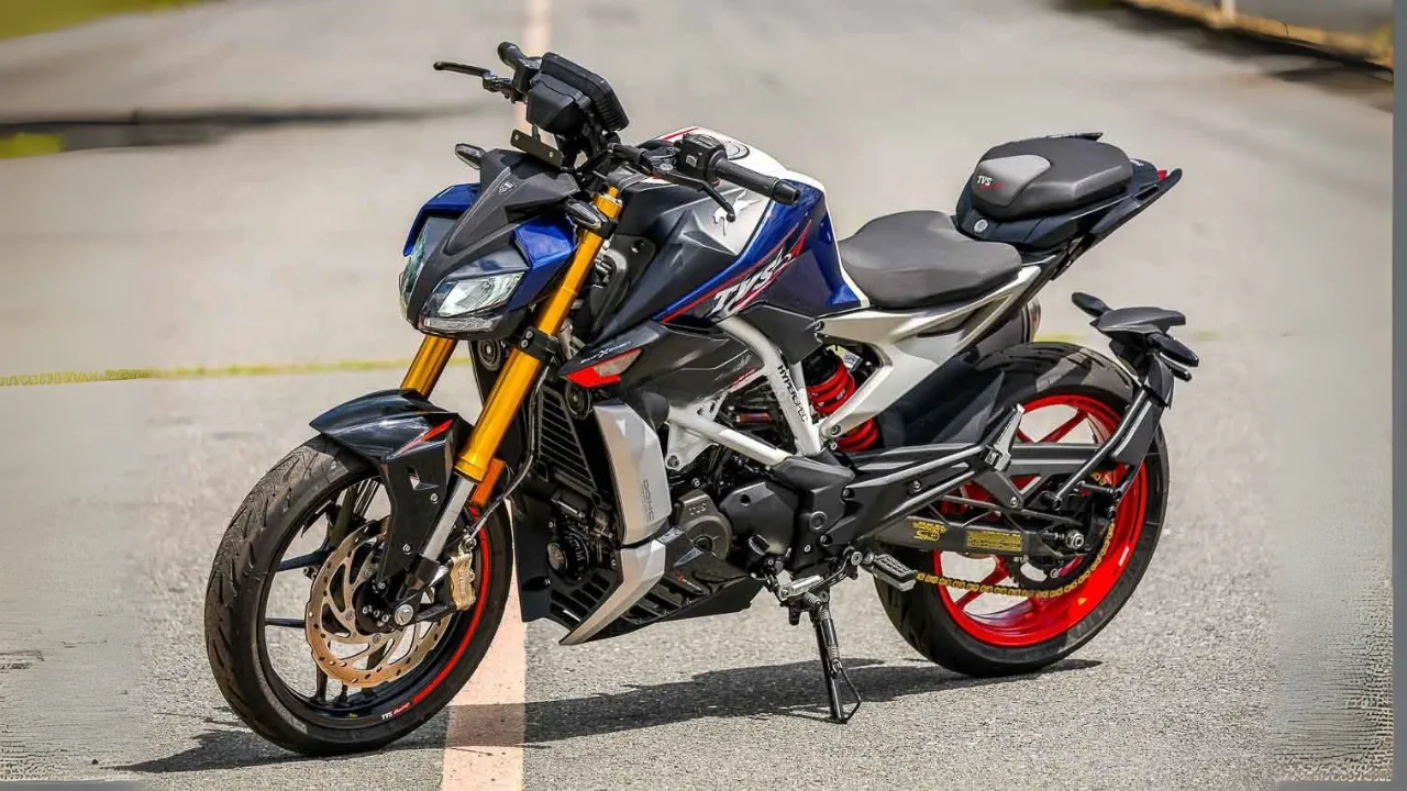 New TVS Apache RTR 310 in Fiery Red with red alloy wheels and aggressive streetfighter design