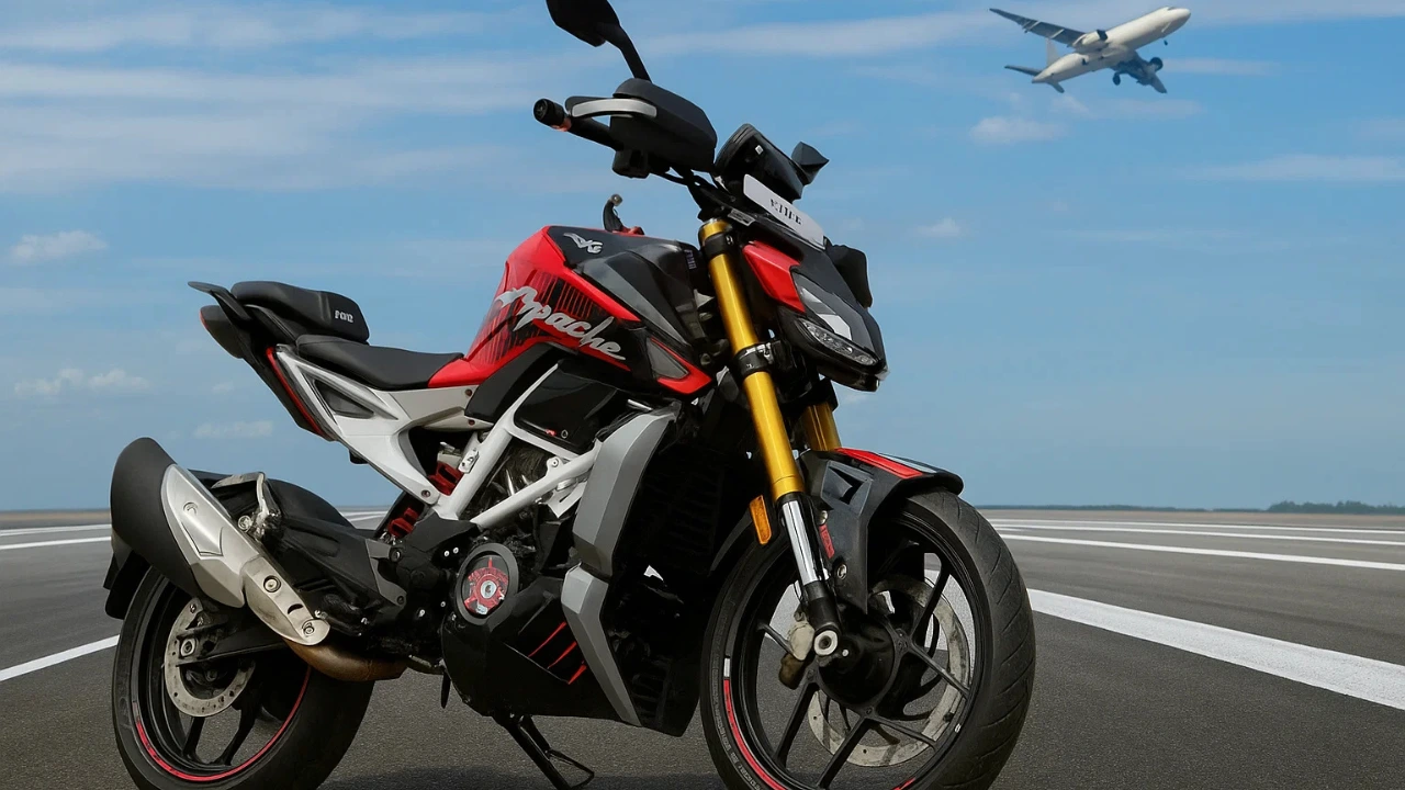 2025 TVS Apache RTR 310 in Fiery Red parked on an airstrip with airplane in background