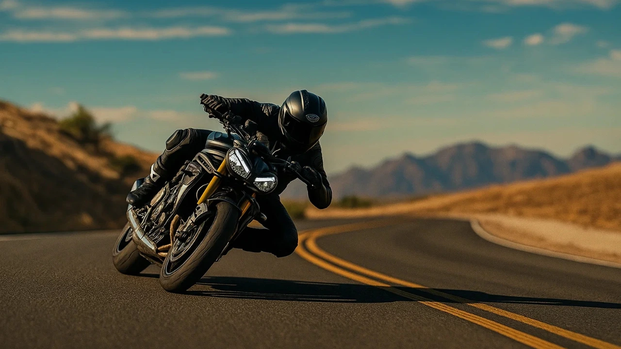 Rider leaning into a corner on the 2025 Triumph Speed Triple 1200 RS in a desert mountain road setting.