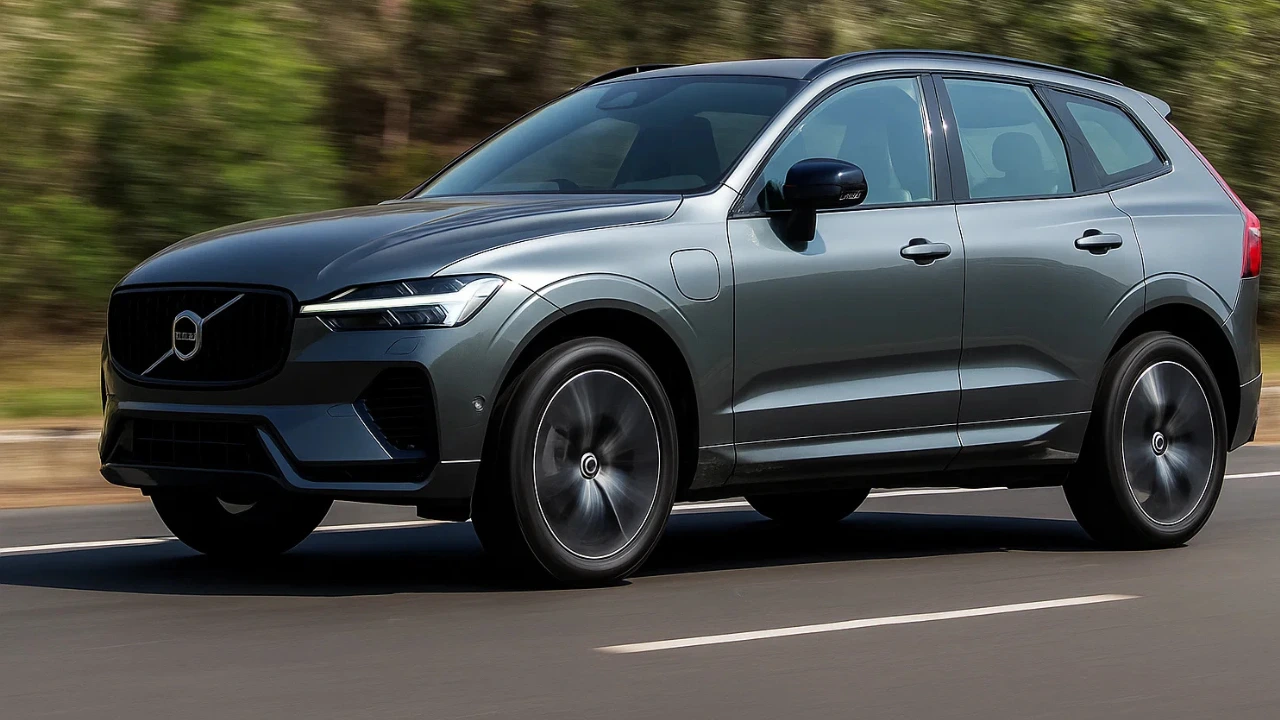 Side view of the 2025 Volvo XC60 facelift driving on Indian roads ahead of its official India launch.