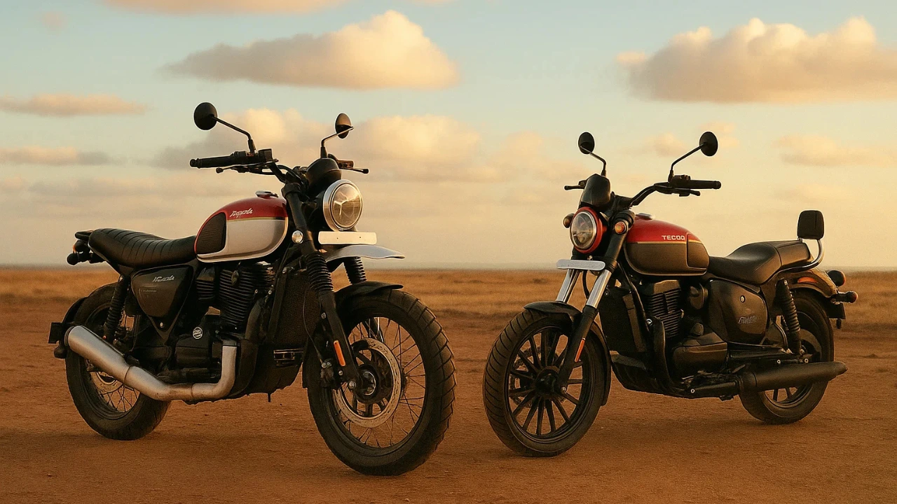 2025 Yezdi Scrambler and Roadster motorcycles parked on a dirt road at sunset, showcasing their updated designs.