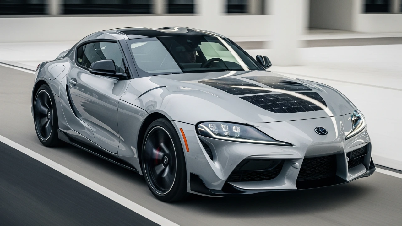 Next-generation Toyota Supra Hybrid sports car with futuristic design and potential solar roof panels, in motion on a modern road.