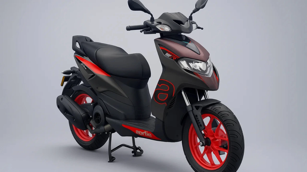 Aprilia SR 175 in Matte Prismatic Dark with red alloys at India launch