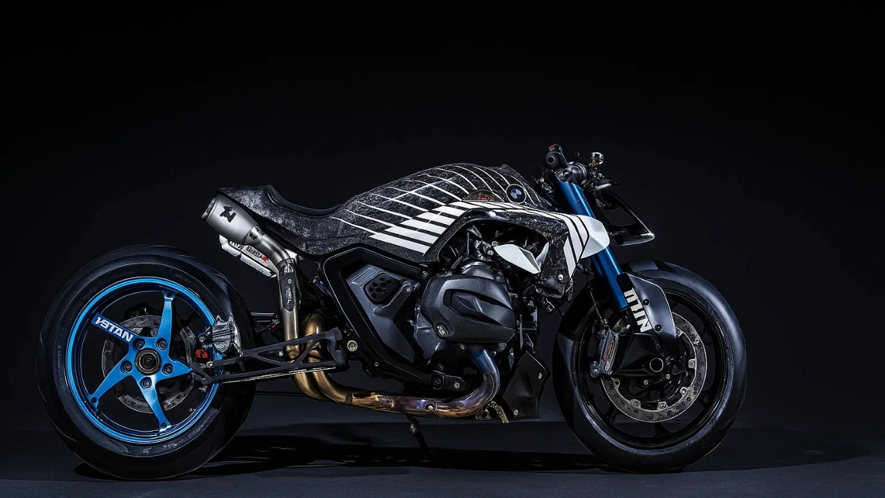 BMW R 1300 R Titan Concept Nitrous Custom – striking black and white motorcycle with blue wheels and textured carbon detailing