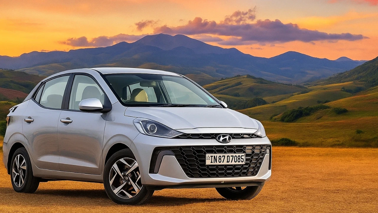 Front view of the new Hyundai Aura S AMT parked with scenic mountains in the background at sunset.