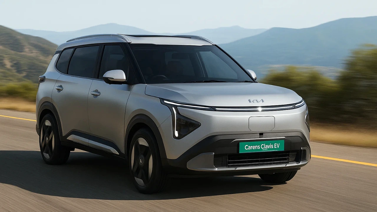Front view of the Kia Carens Clavis EV driving on a highway, showcasing its futuristic LED design and aerodynamic profile.