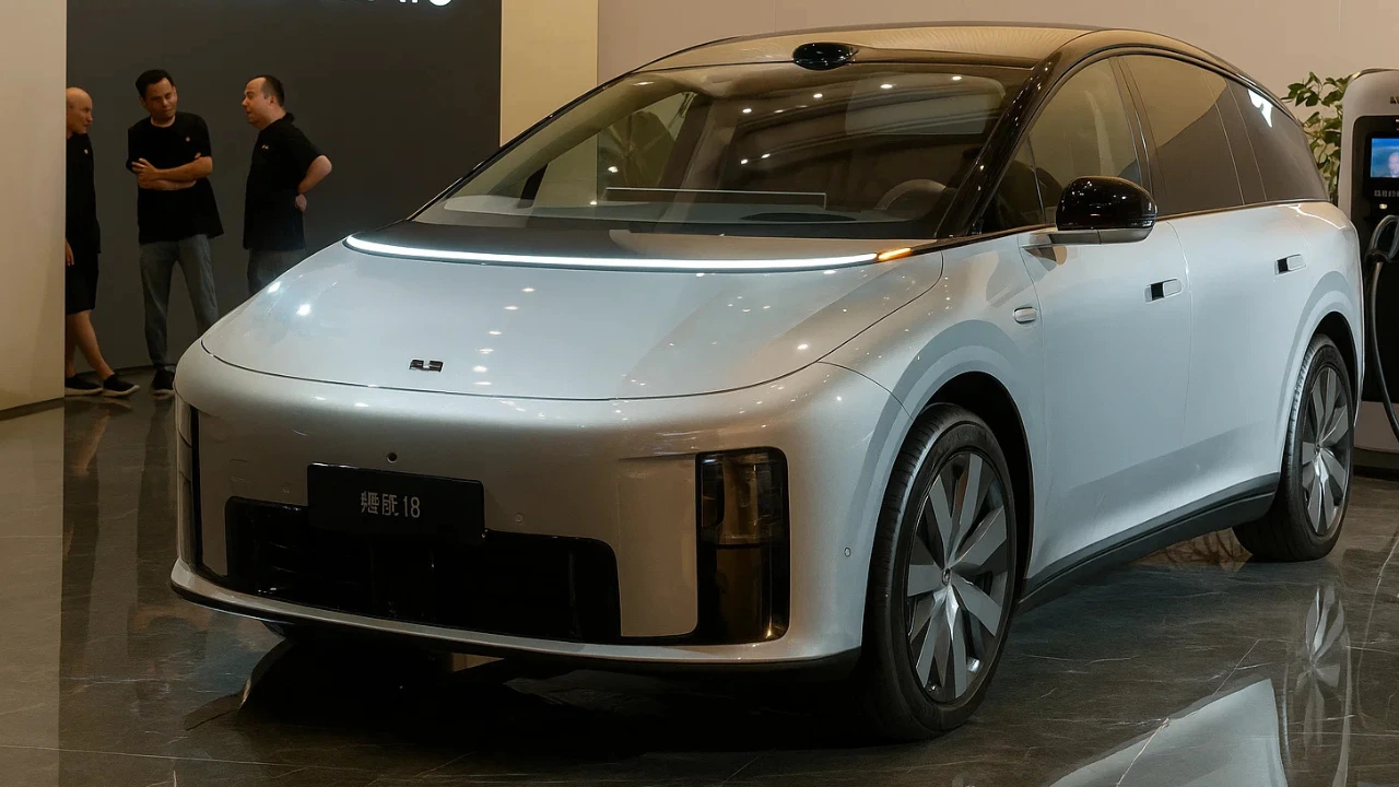 Front view of the new Li Auto i8 Electric SUV on display, showcasing its sleek design and distinctive front light bar, with the Li Auto i8 logo visible.