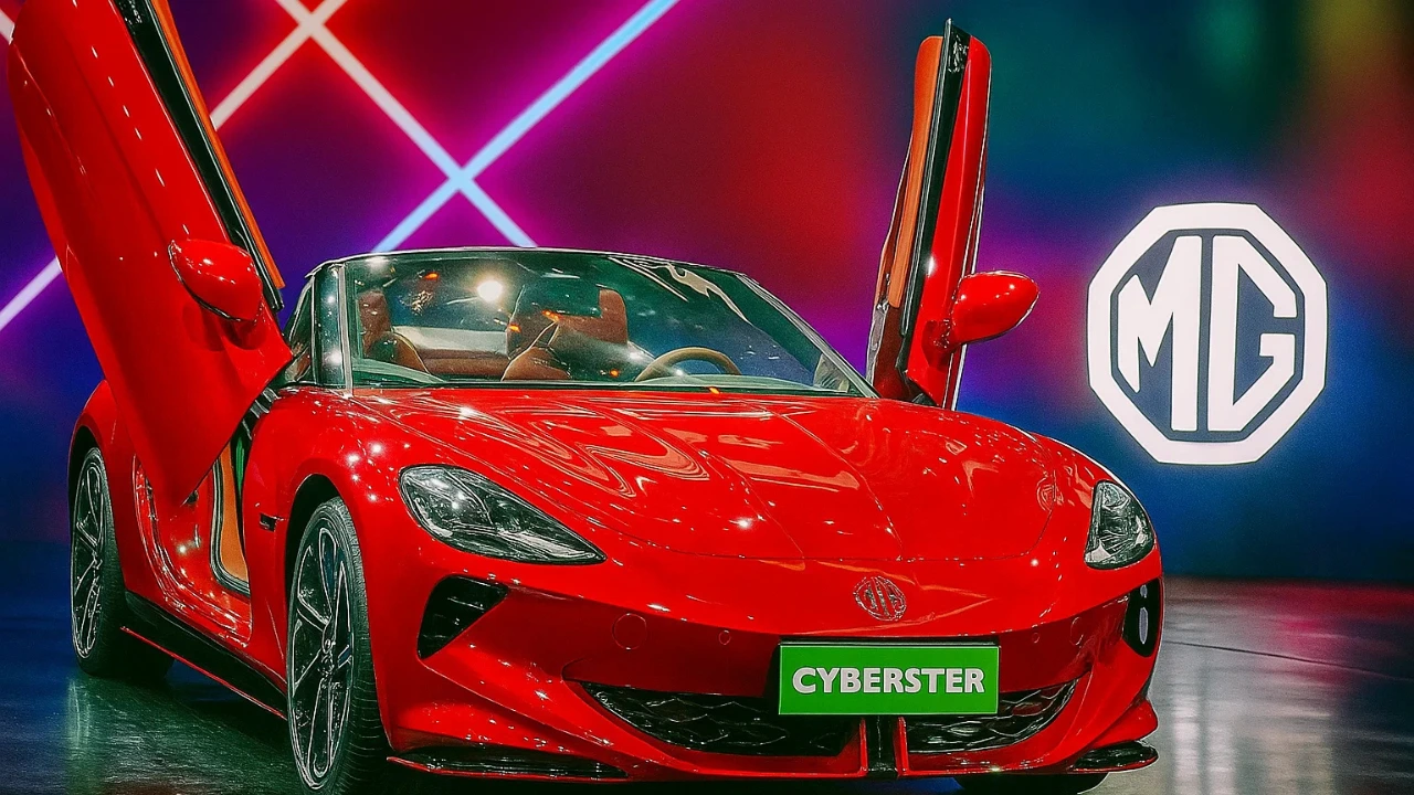 Red MG Cyberster electric convertible with open scissor doors on display.