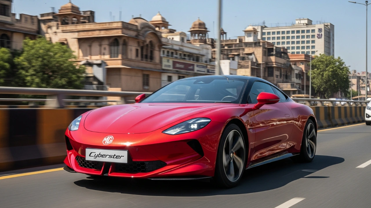 Red MG Cyberster electric sports car driving on an urban Indian road with historical buildings in the background, showcasing its sleek design.