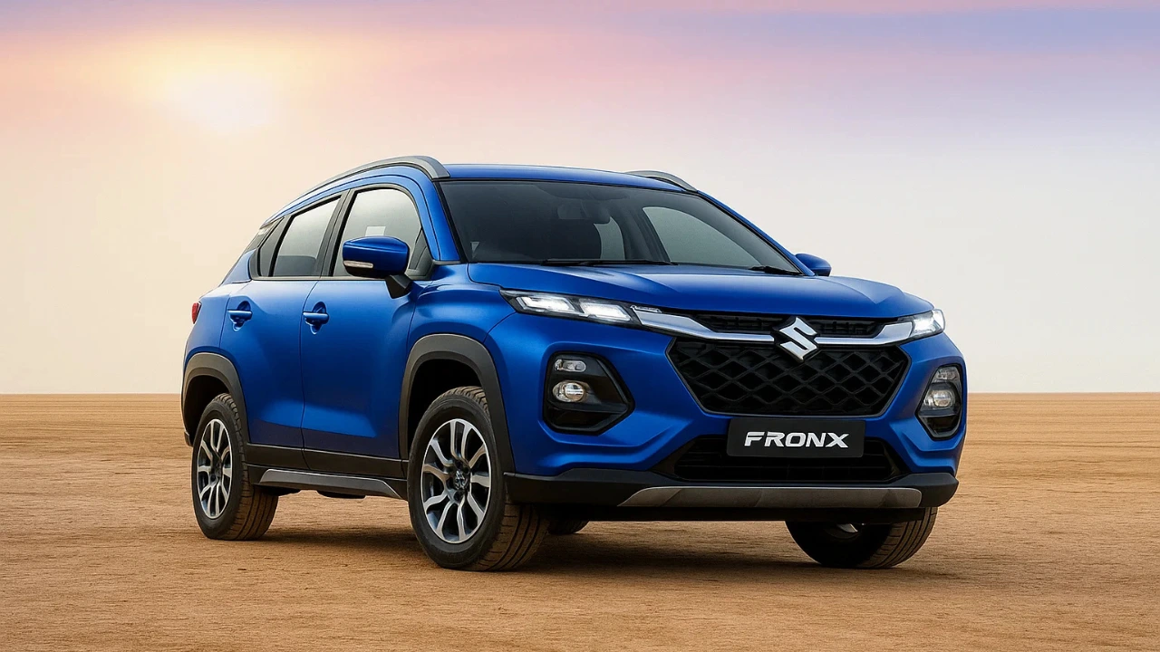 Blue Maruti Suzuki Fronx compact SUV parked on a sandy terrain with a sunrise backdrop, highlighting its exterior design and sporty appeal.