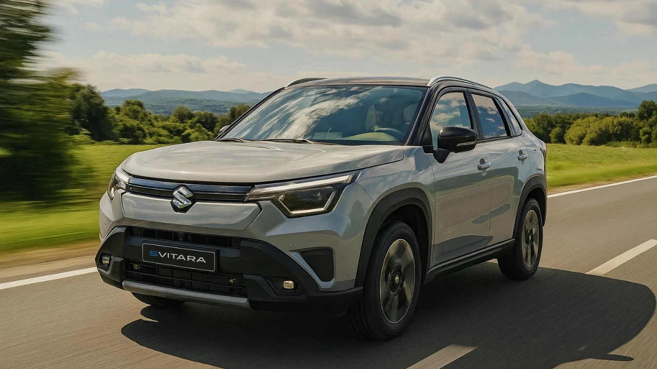 Front view of the new Maruti Suzuki e Vitara electric SUV driving on an open road