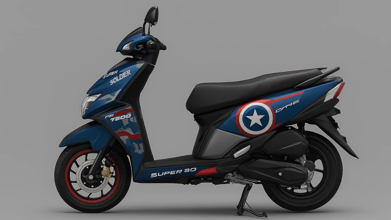 TVS NTORQ 125 Super Soldier Edition scooter in Captain America blue, red, and white livery with shield emblem, side view.