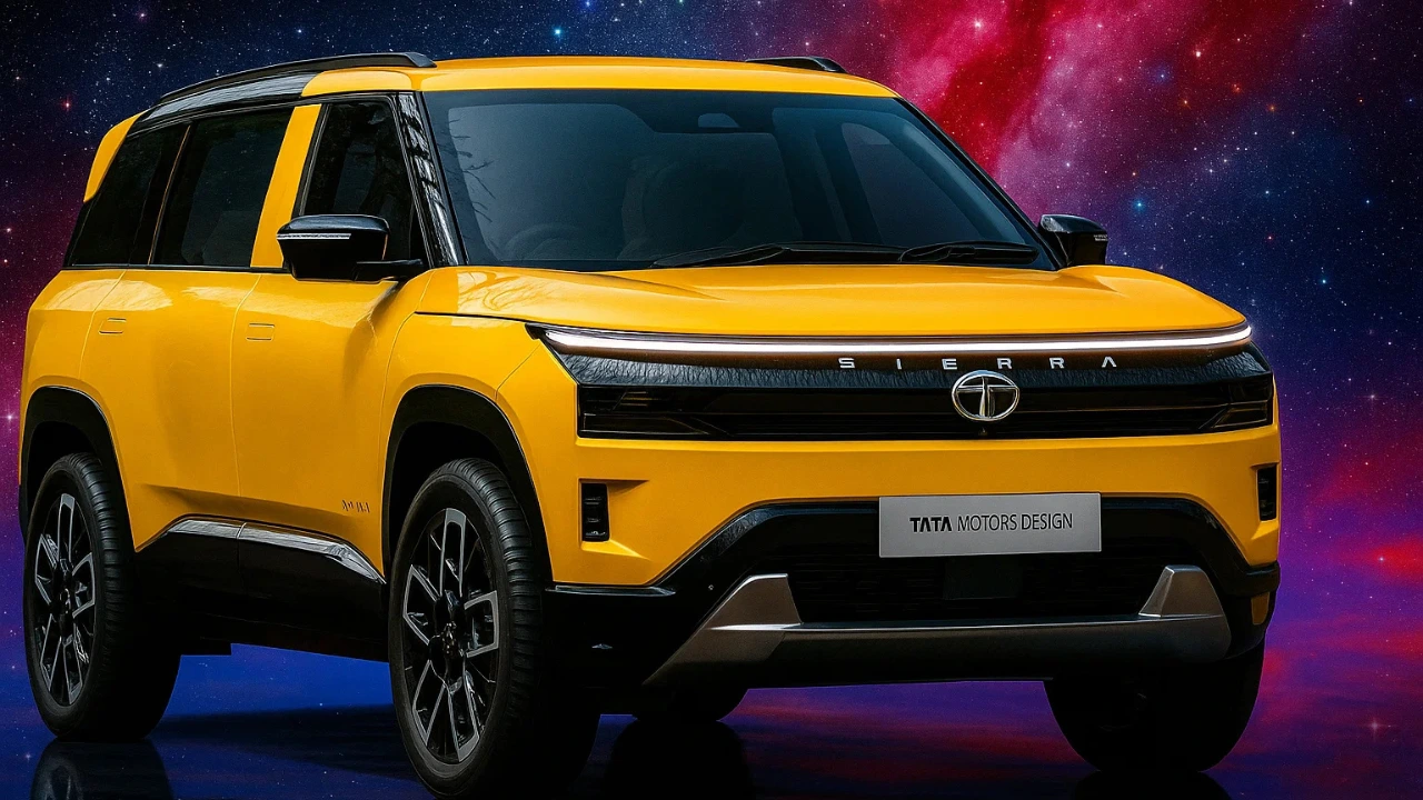 Bright yellow Tata Sierra EV concept with futuristic design, launching in Sep 2025. Expected price: ₹25–30 lakh