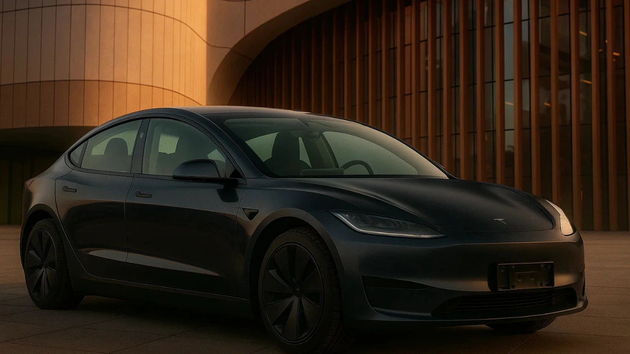 Black Tesla Model 3 Plus parked in front of modern architecture in China