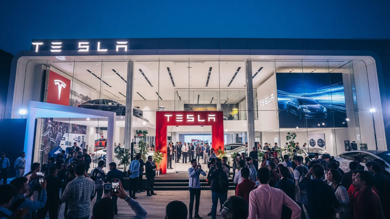 Crowd gathers at Tesla’s first India showroom in Mumbai, featuring the Model Y at launch event