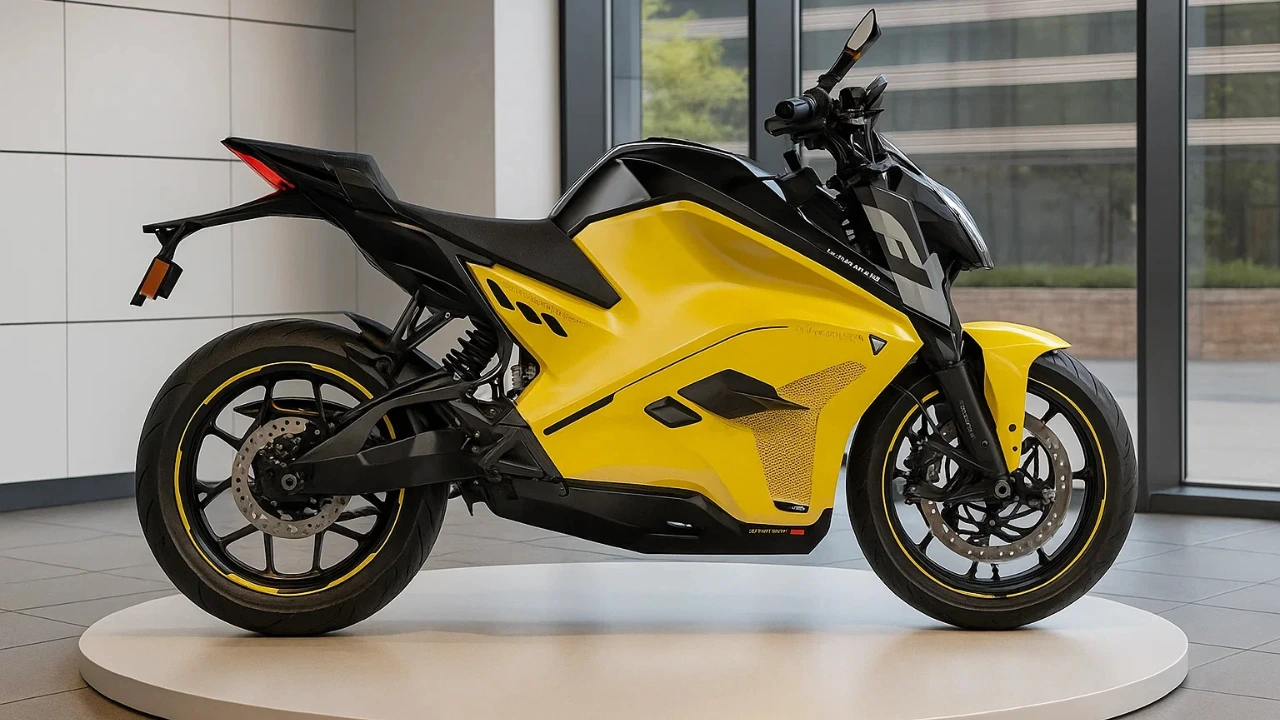 Ultraviolette F77 SuperStreet electric motorcycle in vibrant yellow and black, showcasing its sleek design on a display stand indoors.