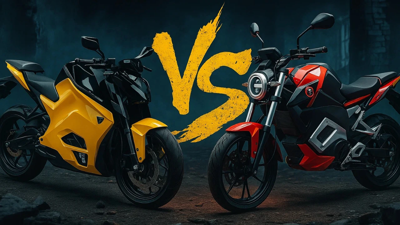 Ultraviolette F77 vs Oben Rorr electric bikes in a dynamic comparison shot, highlighting their distinct designs and colors.