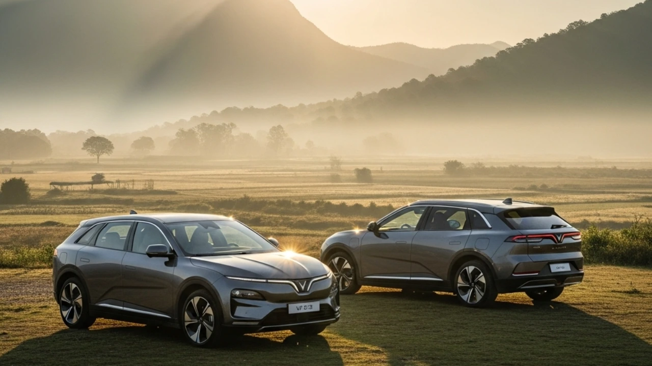 VinFast VF 6 and VF 7 electric SUVs parked in scenic sunrise landscape ahead of India pre-bookings launch.