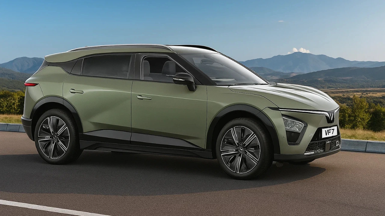 VinFast VF 7 India launch - Side view of the VinFast VF 7 electric SUV in Urban Mint color.