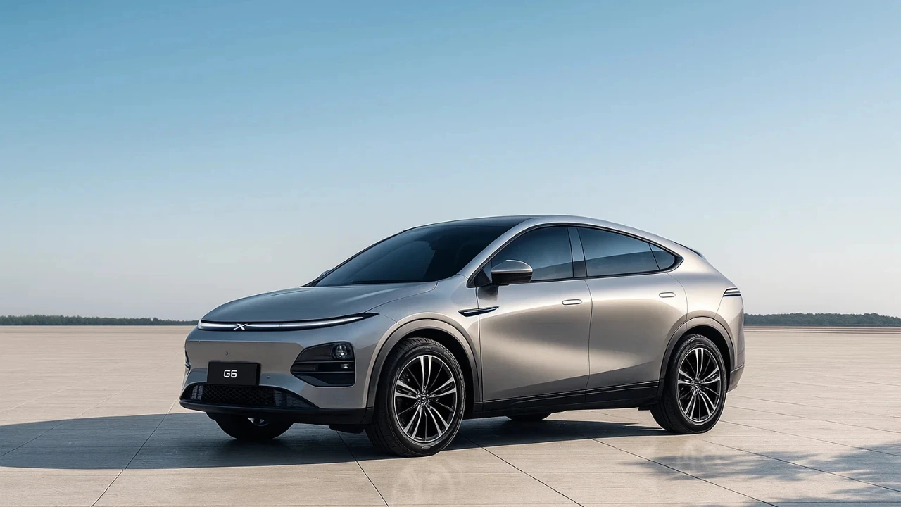 Silver Xpeng G6 electric SUV parked outdoors with a clear sky background, highlighting its sleek coupe-SUV design.