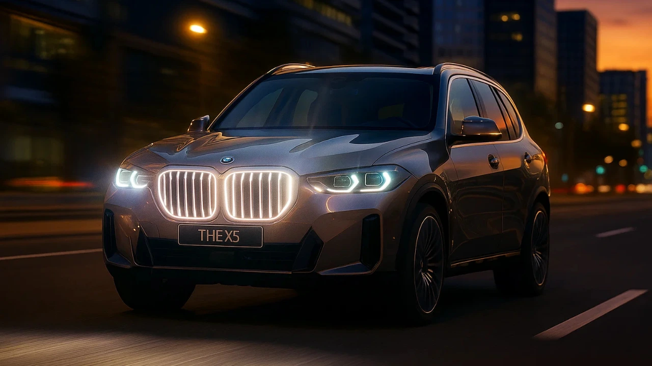 New BMW X5 2025 driving at night showing its illuminated kidney grille and LED headlights