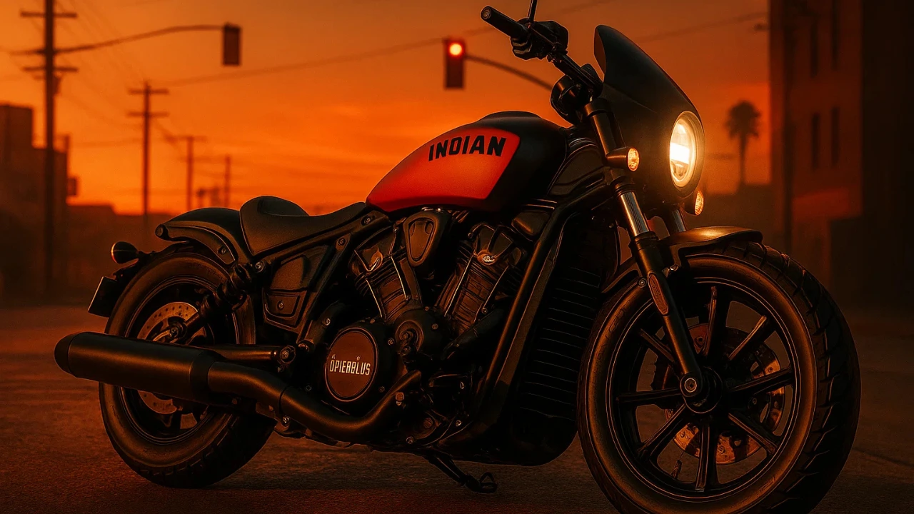 Black 2025 Indian Scout Bobber with orange "INDIAN" tank parked at dusk.