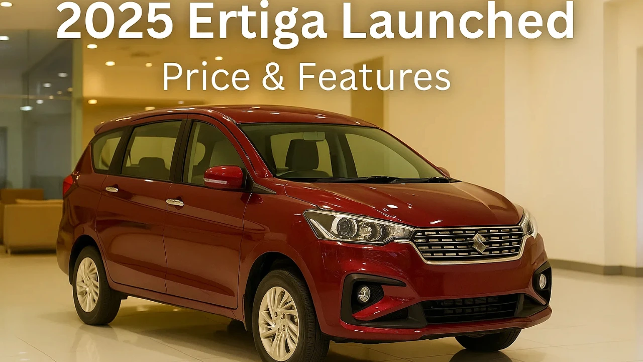A metallic red 2025 Maruti Ertiga MPV is on display inside a car dealership showroom. The image has overlaid text that reads "2025 Ertiga Launched" and "Price & Features.