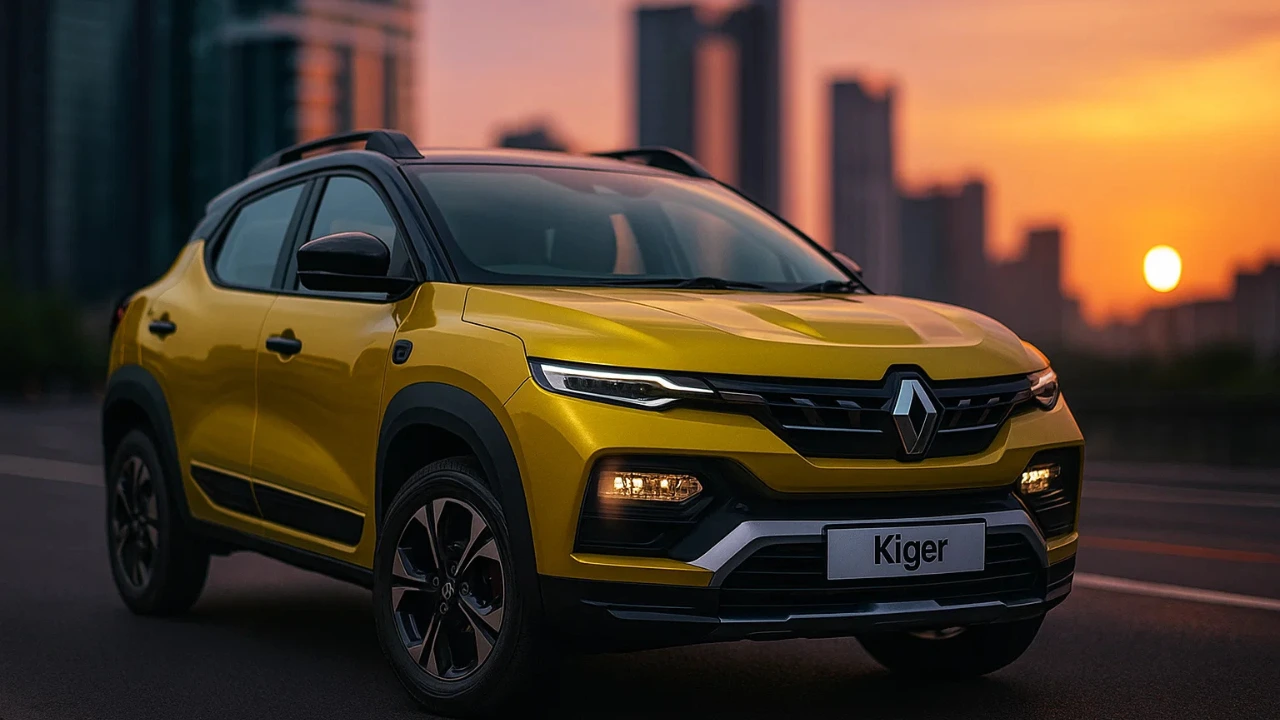 Yellow 2025 Renault Kiger facelift front view at sunset.