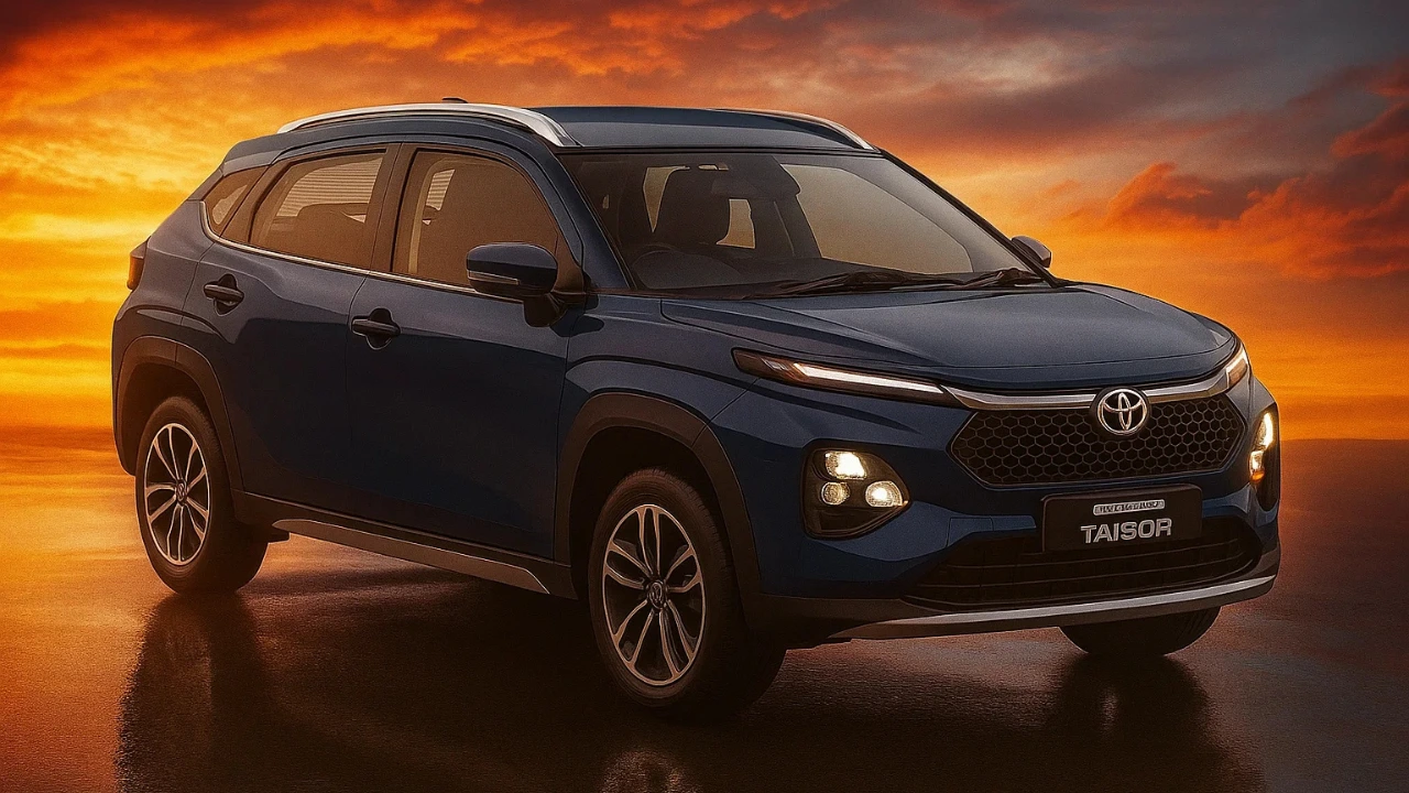 A front 3/4 view of the 2025 Toyota Urban Cruiser Taisor in its new Bluish Black color, showcasing its updated design and headlamps at sunset.