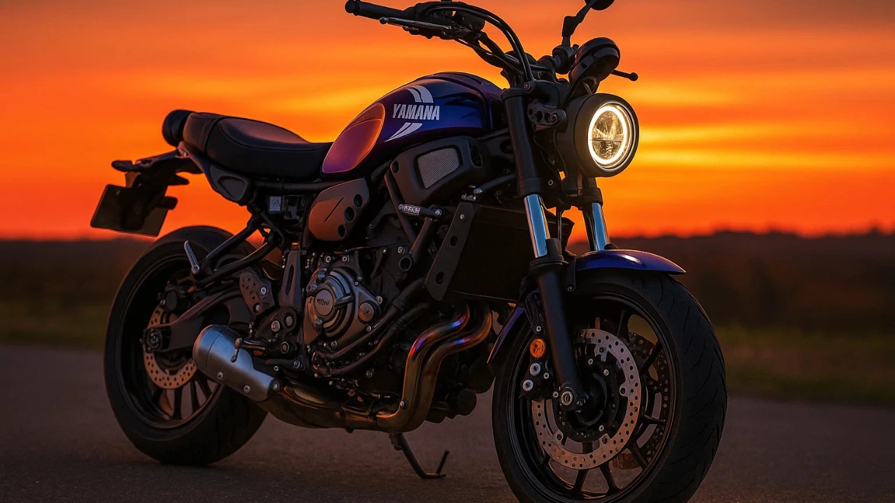 2025 Yamaha XSR700 in new retro blue color, with its headlight on, at sunset.