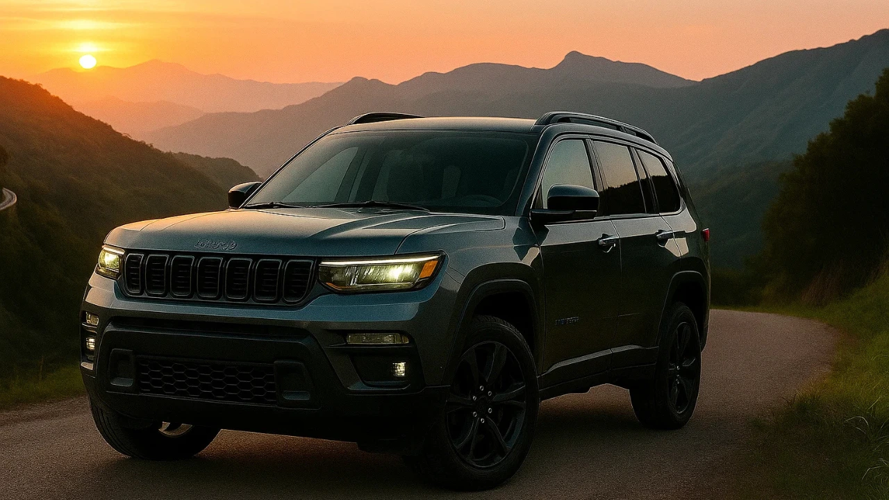 2026 Jeep Cherokee driving on a mountain road during sunset, showcasing its rugged new design and LED lights.
