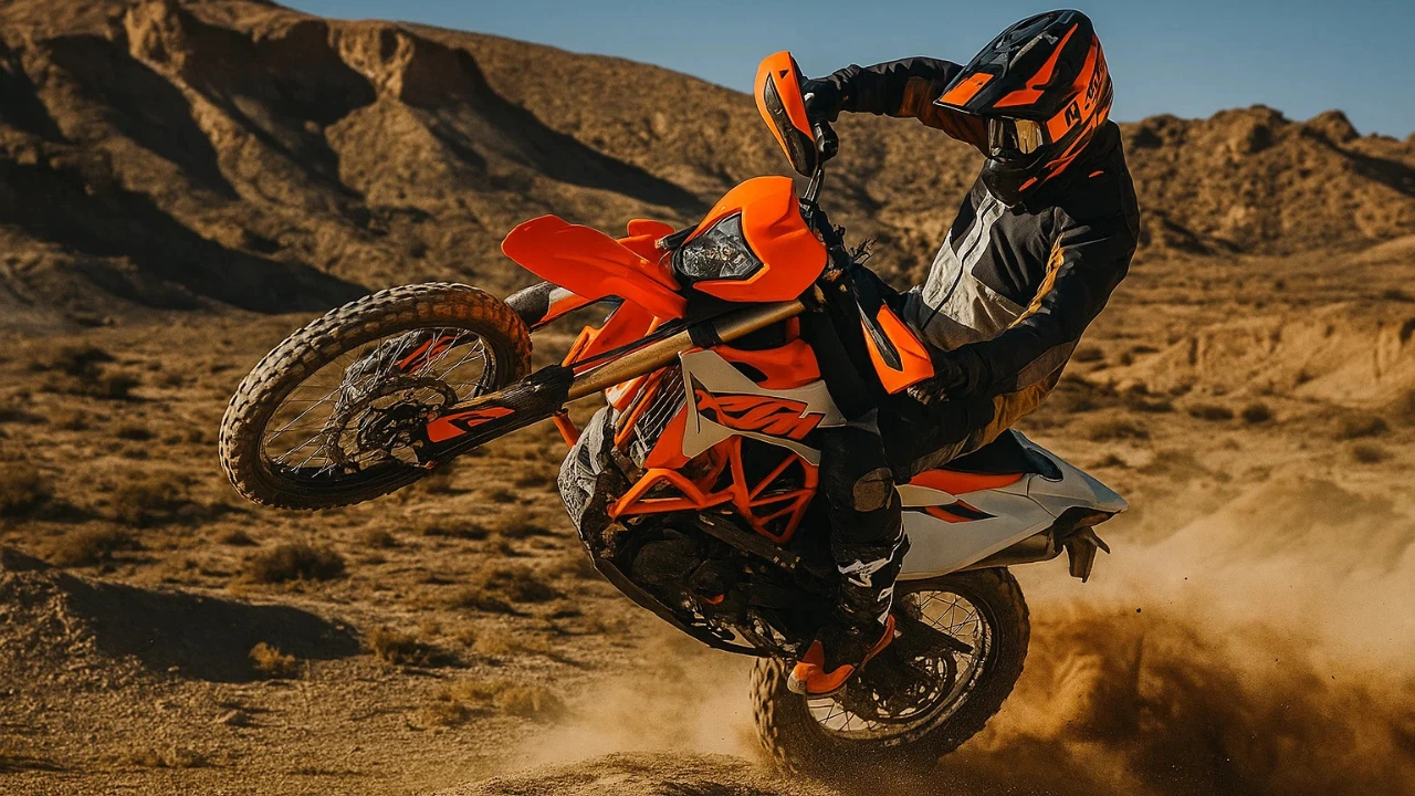 2026 KTM 690 Enduro R motorcycle performing a wheelie on a dusty off-road trail.