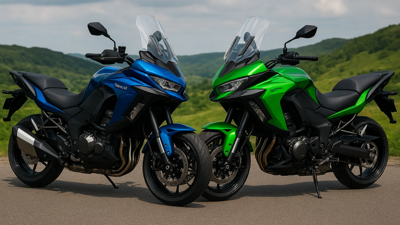 Two 2026 Kawasaki Versys 1100 motorcycles in Metallic Deep Blue and Emerald Blazed Green parked side by side on a scenic mountain road.