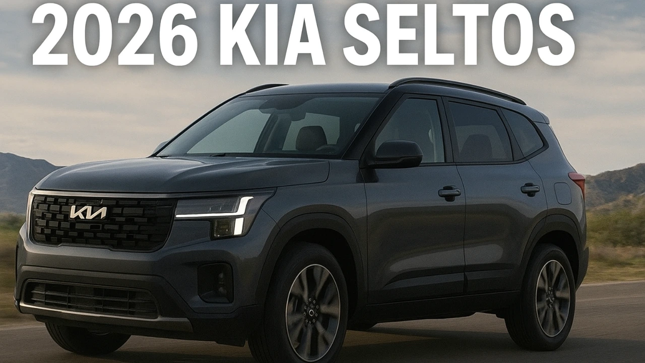 2026 Kia Seltos compact SUV with a bold Telluride-inspired design, captured from a low angle on a scenic road.