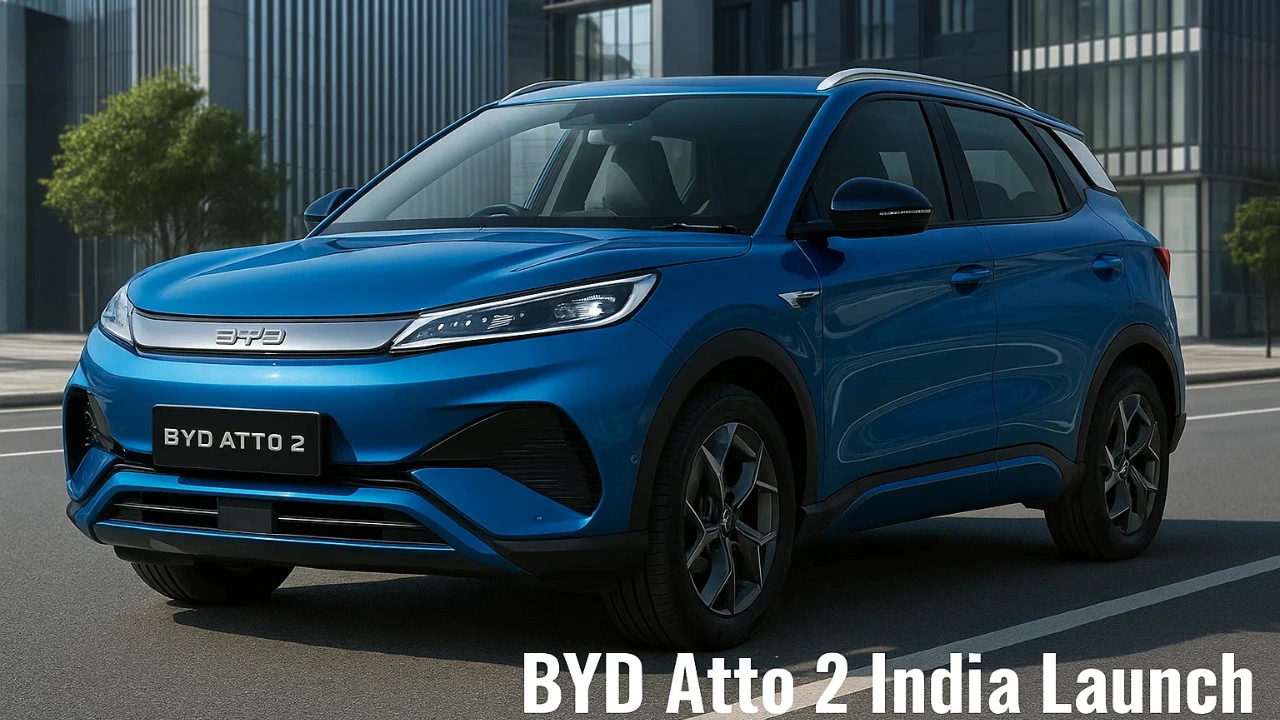 Blue BYD Atto 2 electric SUV on an urban road, teasing its India launch, with the words "BYD Atto 2 India Launch" overlayed on the image.