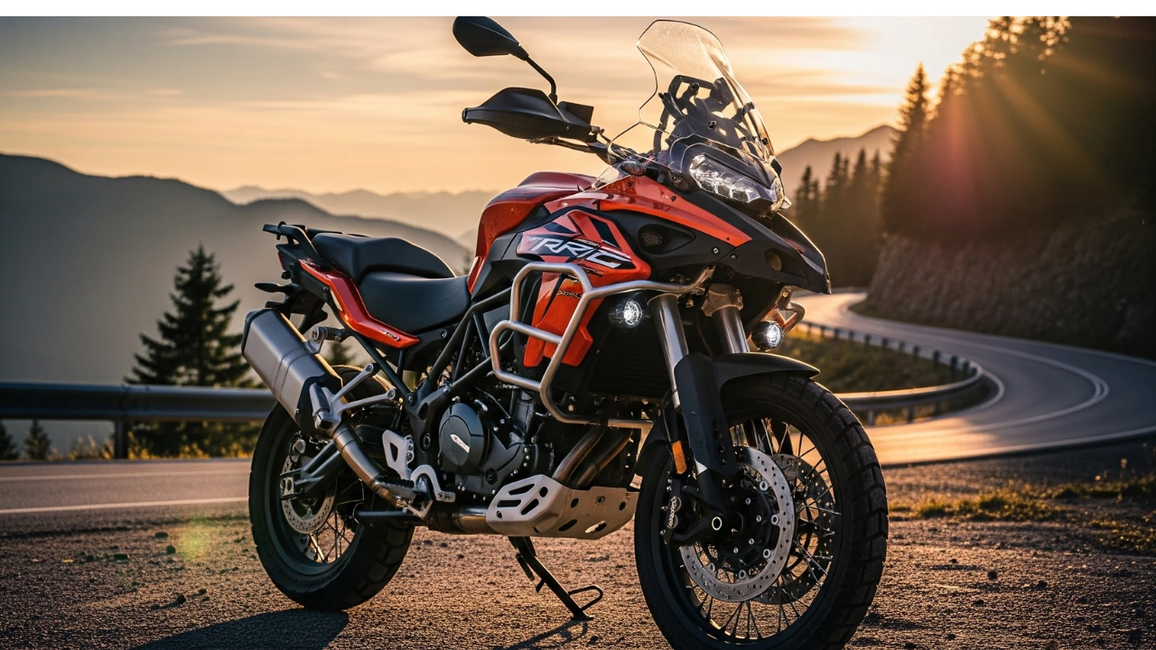 A vibrant orange and black Benelli TRK 502X adventure motorcycle parked on a winding mountain road at sunset. The dynamic shot highlights the bike's rugged design, large windscreen, and spoke wheels.