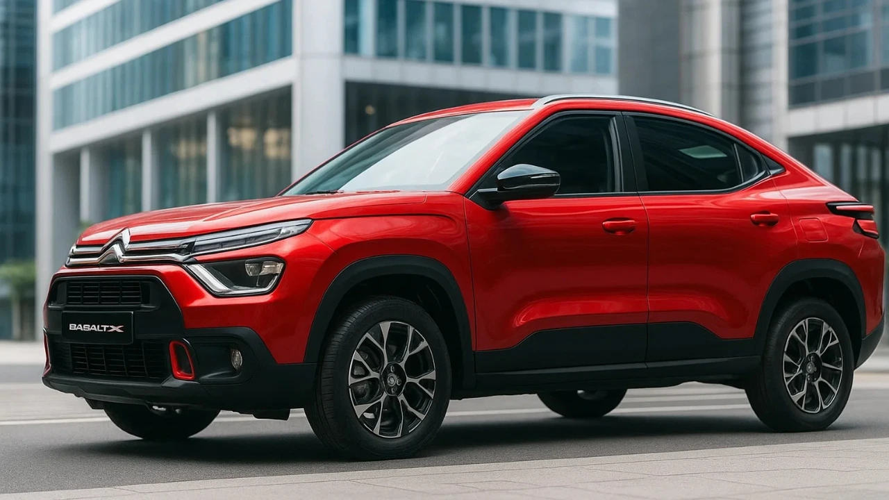 A bright red Citroen Basalt X, a new SUV-coupe, parked in a city setting, highlighting its sleek design, black alloy wheels, and stylish front fascia.