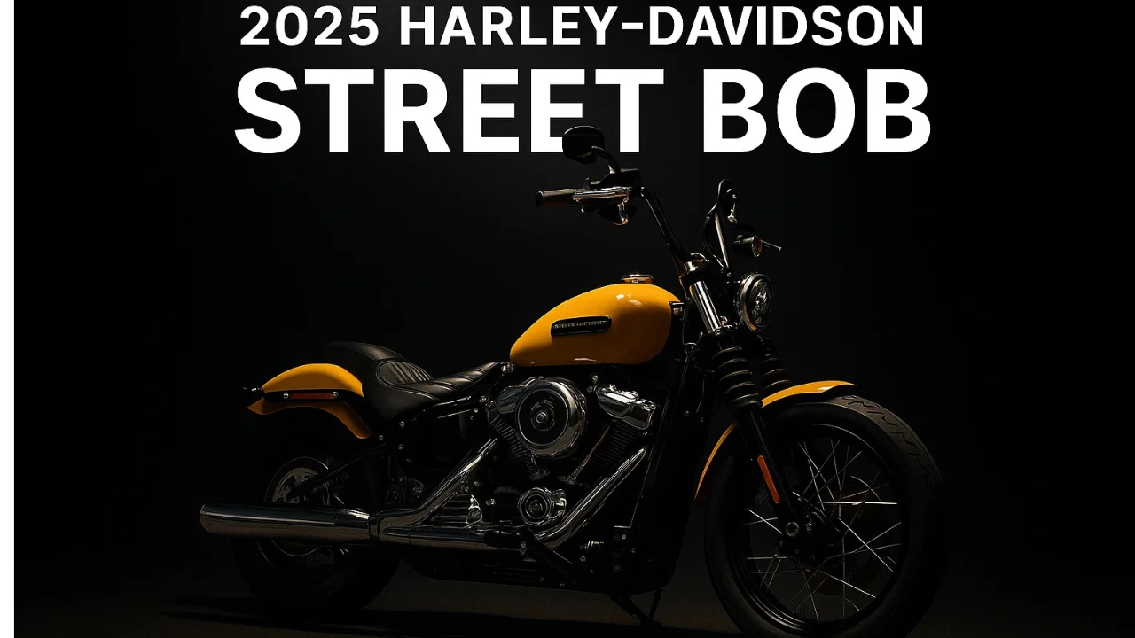 2025 Harley-Davidson Street Bob in yellow with bobber styling, mini ape-hanger bars, and solo seat.