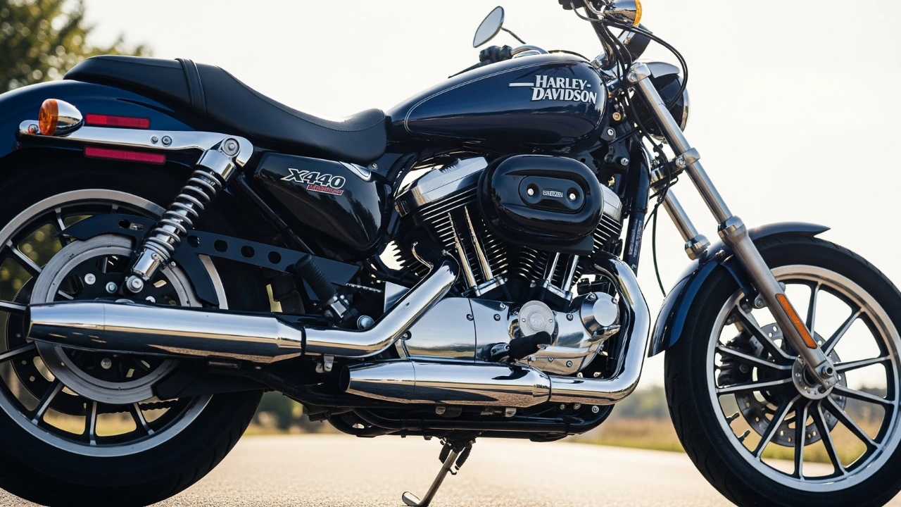 Dark blue Harley-Davidson X440 motorcycle, showcasing its classic cruiser design and prominent chrome exhaust.