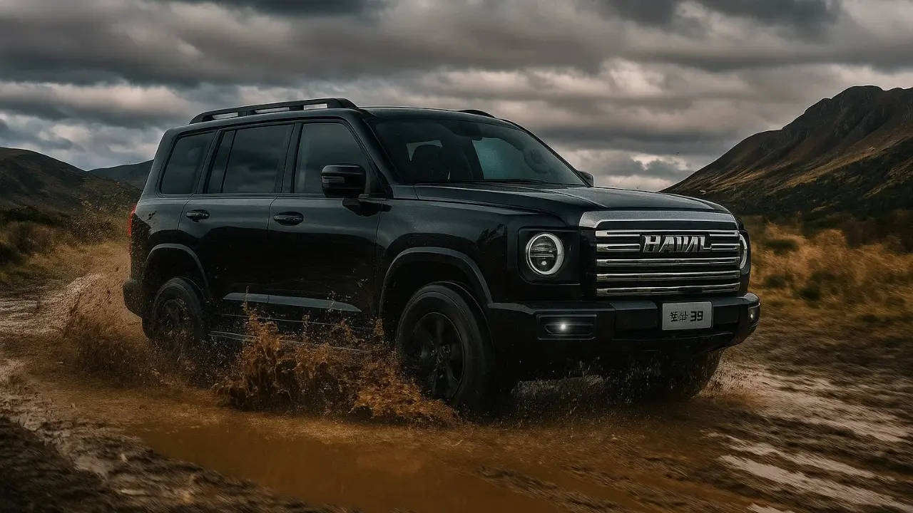 Black Haval H9 Warrior Edition SUV splashing through mud on a dirt trail in a rugged landscape.