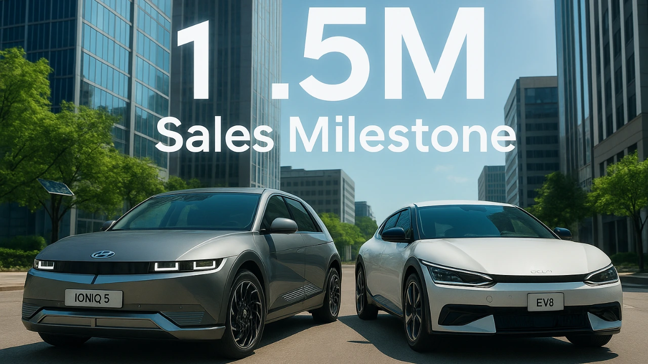 Hyundai Ioniq 5 and Kia EV6 on a modern U.S. city street with “1.5M Sales Milestone” overlay, celebrating eco-friendly sales success.