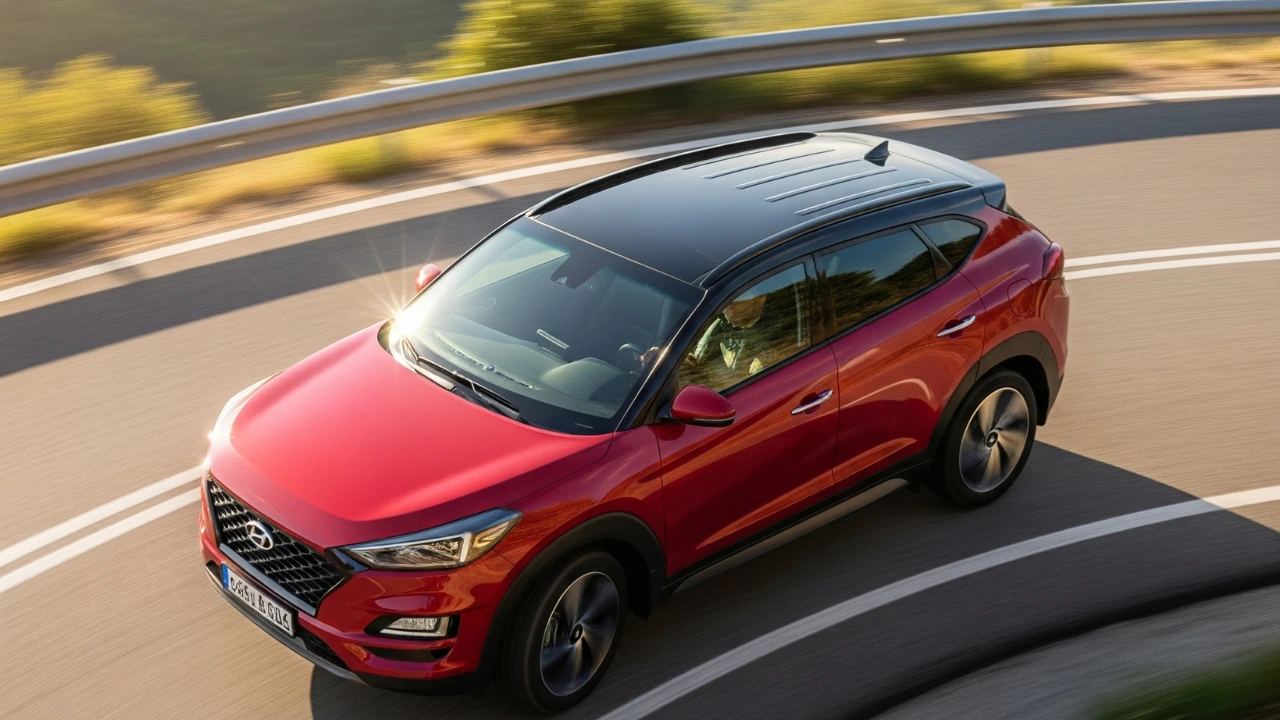 A dynamic shot of a Hyundai Tucson SUV in a dual-tone Fiery Red with a black roof, driving on a winding road, showcasing the sporty Hyundai Tucson colors.
