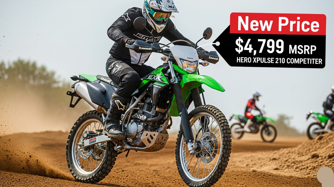 Kawasaki KLX230 motorcycle with a rider on a dirt track, featuring an overlay graphic for its new price and competition with the Hero Xpulse 210.
