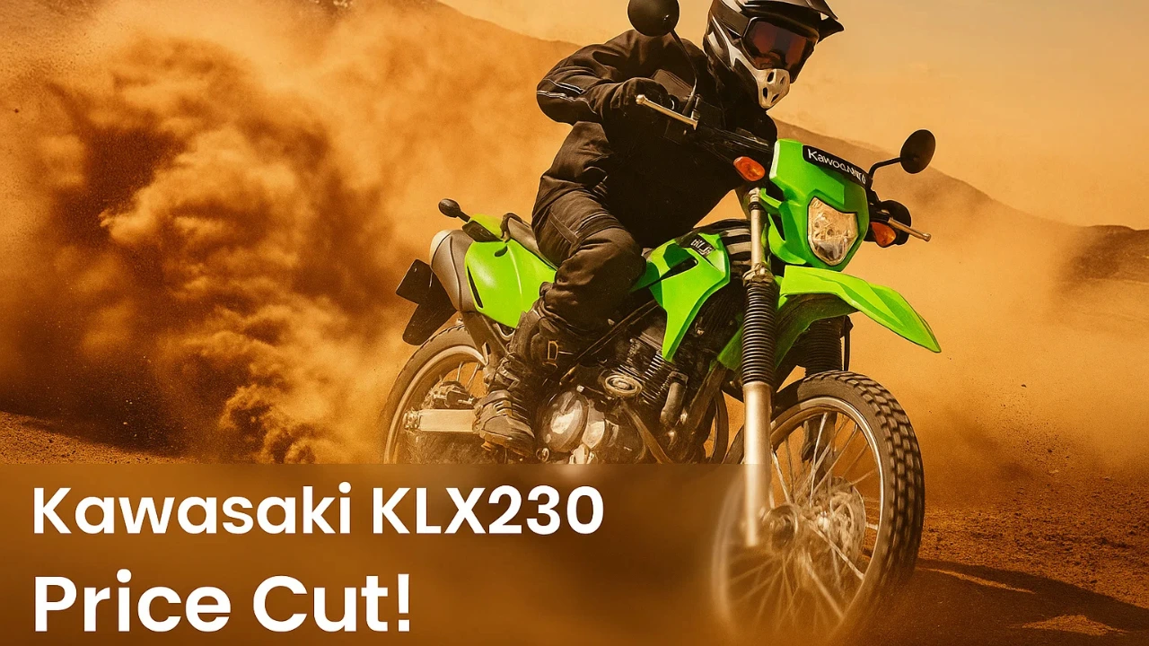 A rider on a bright green Kawasaki KLX230 kicks up a cloud of dust while riding off-road on a dirt trail, highlighting the bike's adventurous and off-road capability.