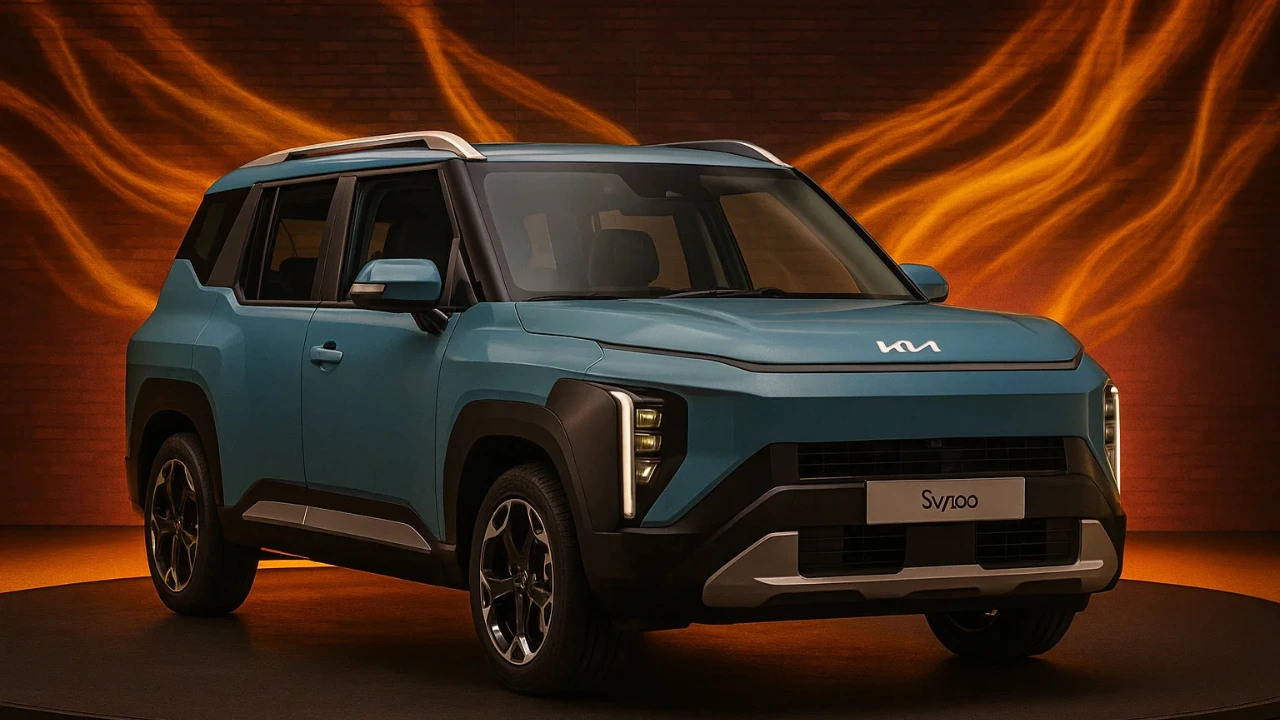 Kia Syros EV electric SUV concept in turquoise studio shot.