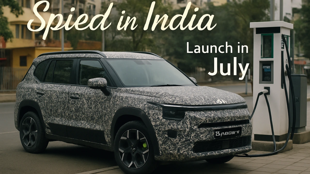Camouflaged Kia Syros EV spotted at an Indian charging station with lime-green brake calipers, featuring 'Spied in India' overlay text.