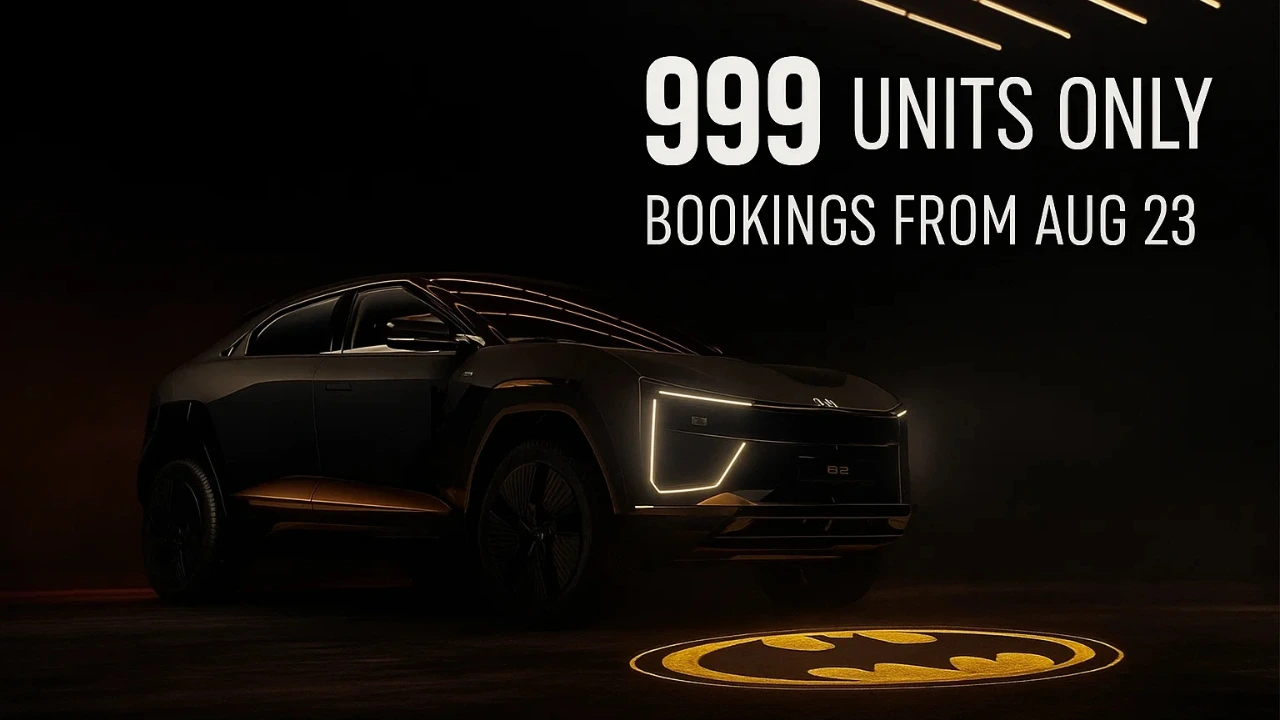 Mahindra BE 6 Batman Edition in the dark with a glowing Bat-Signal. Text reads "999 UNITS ONLY" and "BOOKINGS FROM AUG 23".